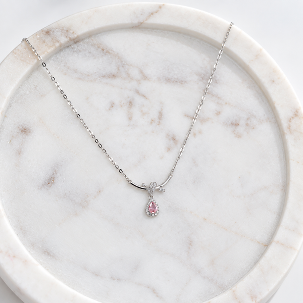 S925 Silver Pink Teardrop Crystal Pendant Necklace