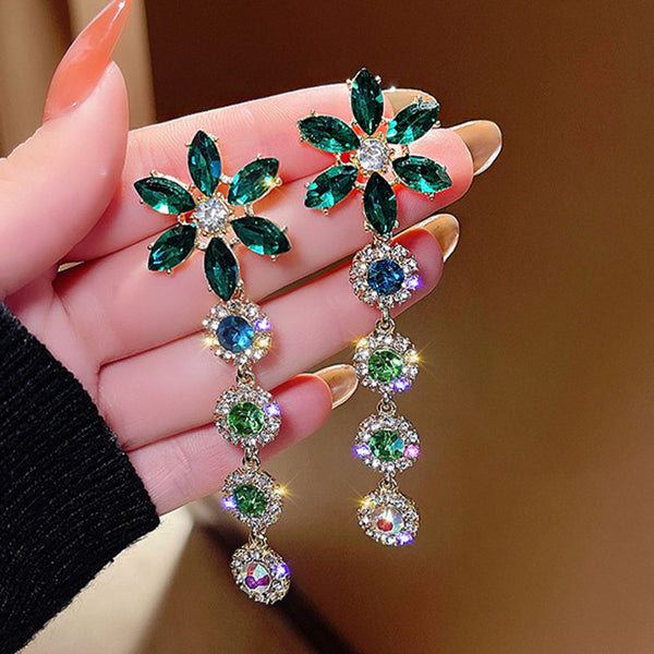 Designer Green Crystal Long Earrings