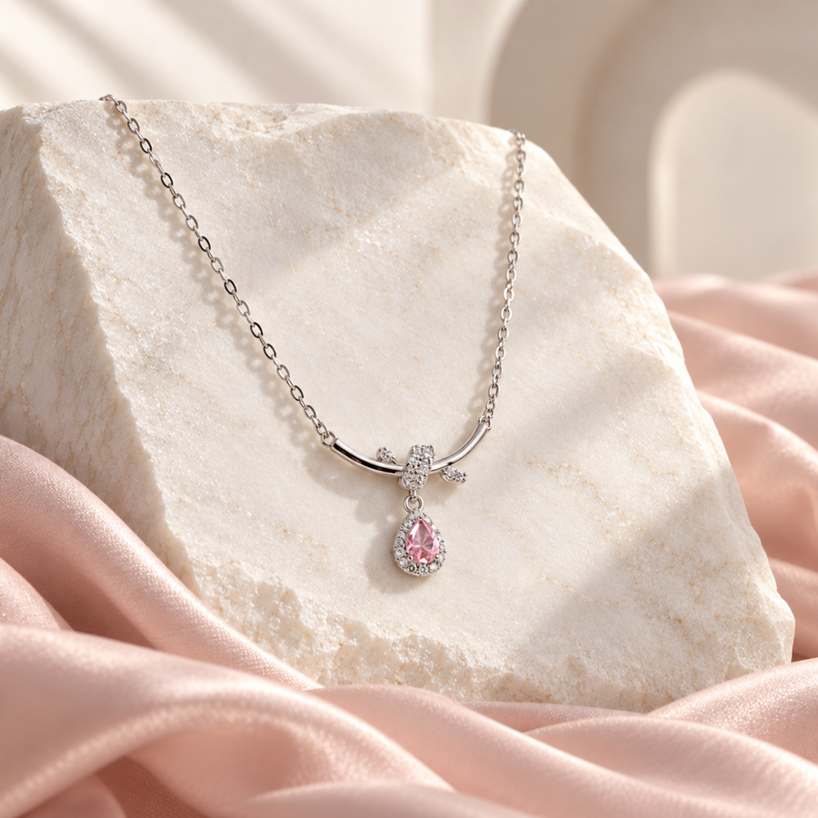 S925 Silver Pink Teardrop Crystal Pendant Necklace