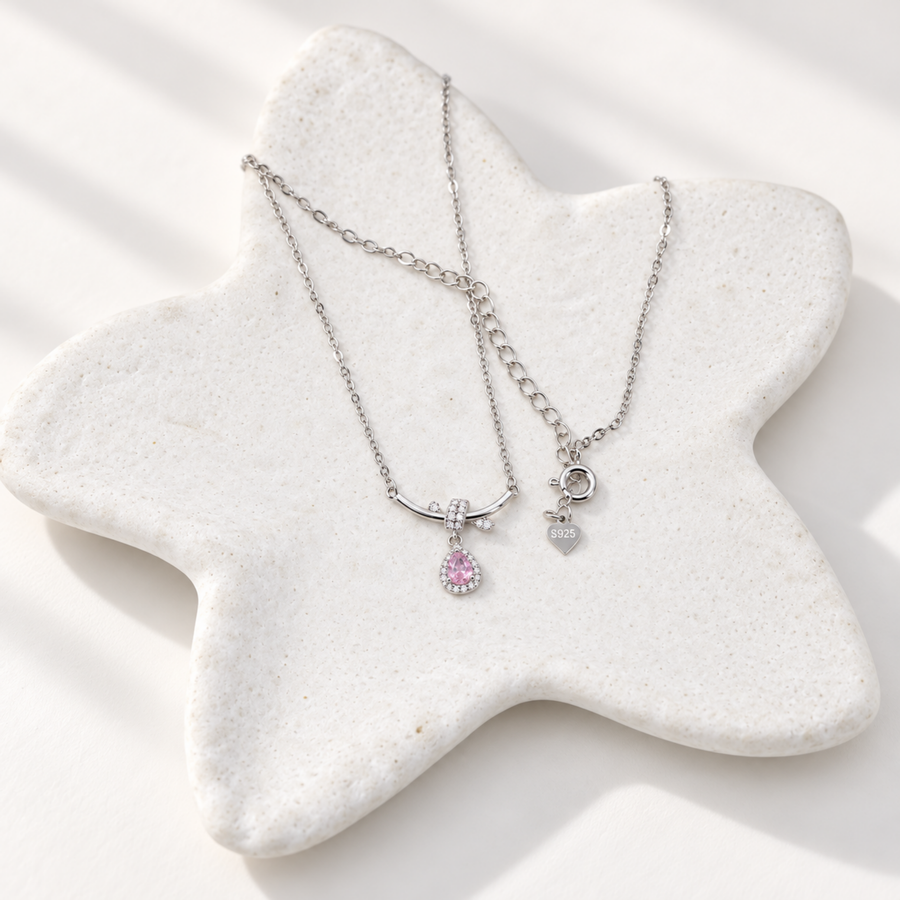S925 Silver Pink Teardrop Crystal Pendant Necklace