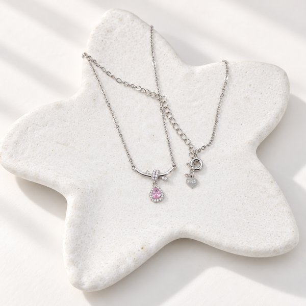 S925 Silver Pink Teardrop Crystal Pendant Necklace