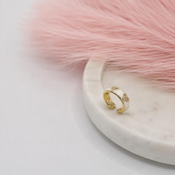 White Enamel Crystal Heart Ring