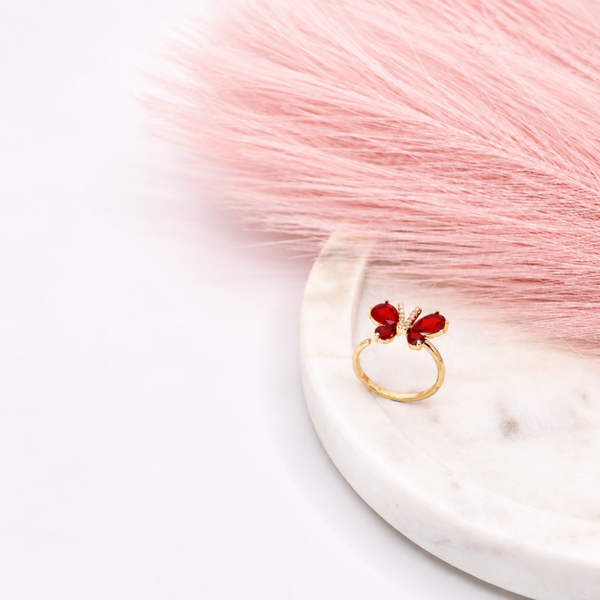 Golden Red Butterfly Crystal Ring