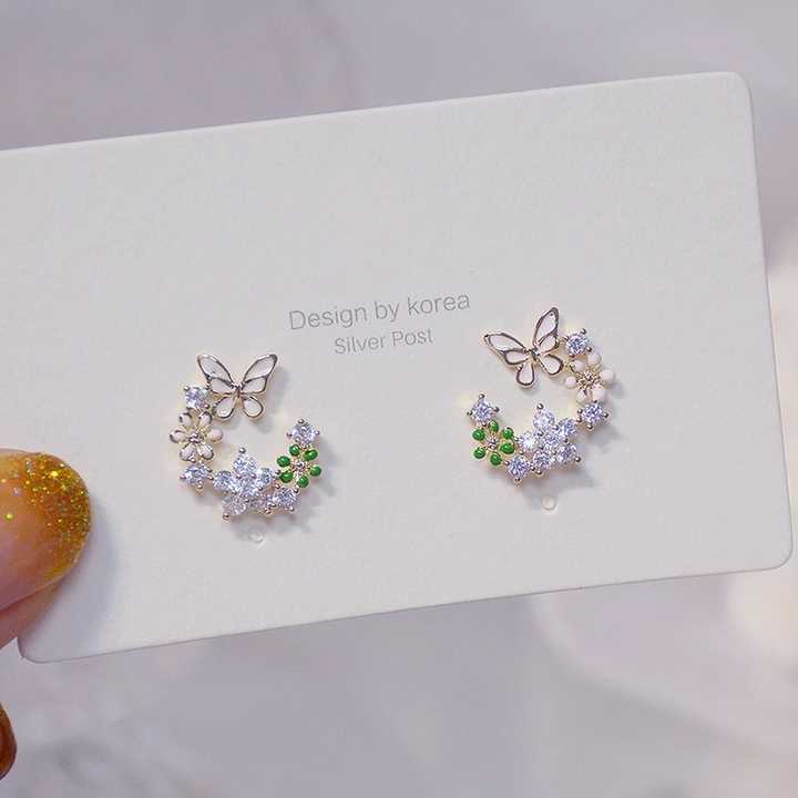 Butterfly and Flower Crystal Shine Sterling Silver Earrings