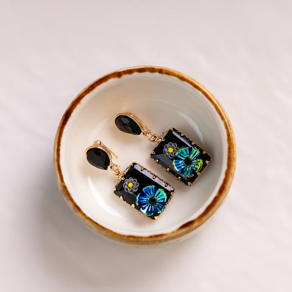 Gold Plated Blue Rhinestone Flower Earring