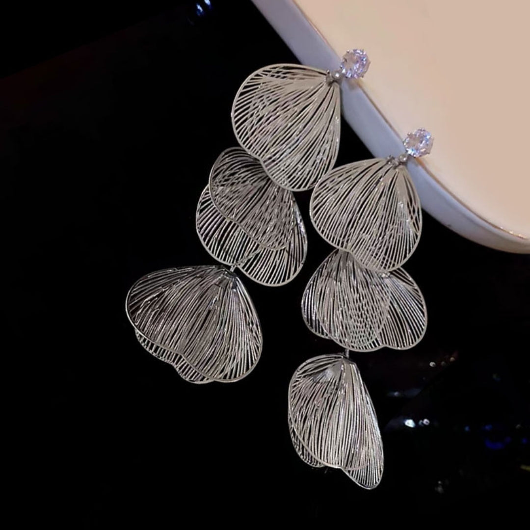 Silver Metal Leaf Long Stud Earrings