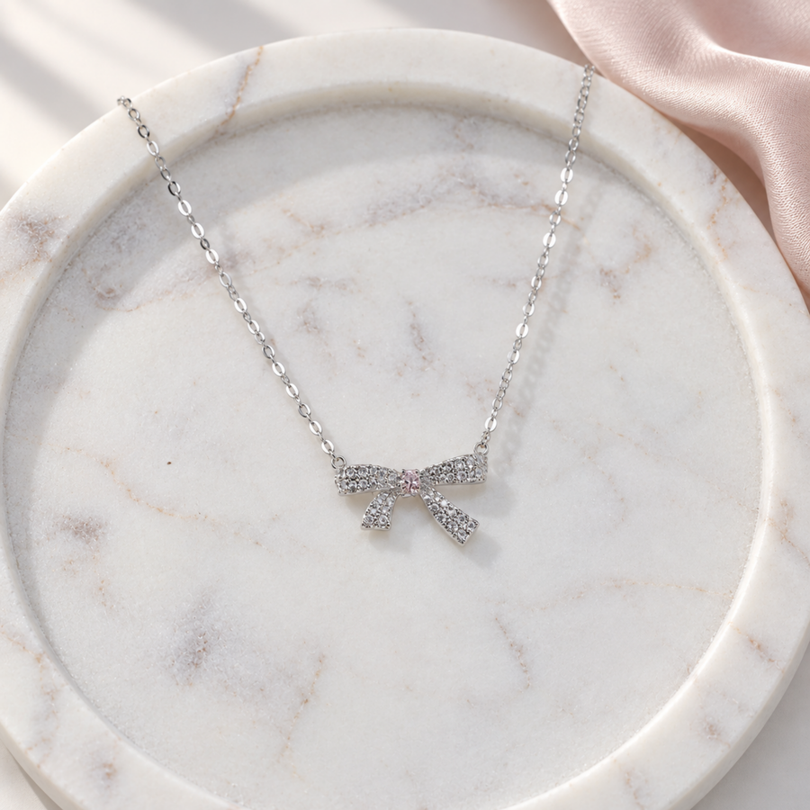 S925 Silver Sparkling Bow Pendant Necklace