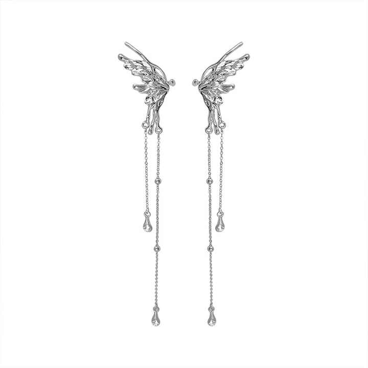 Silver Butterfly Wing Tassel With Earrings