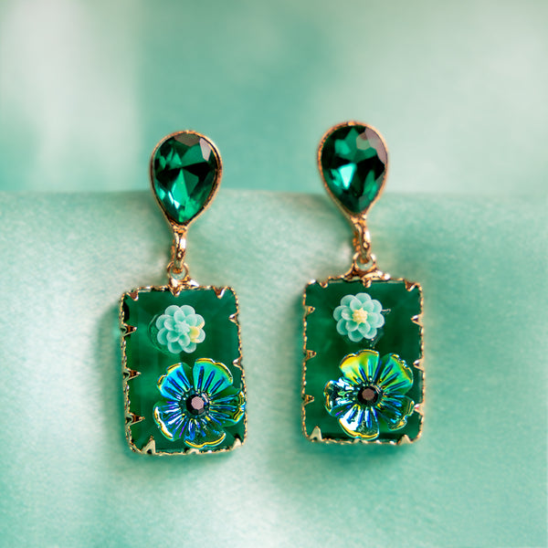 Gold Plated Green Rhinestone Flower Earring