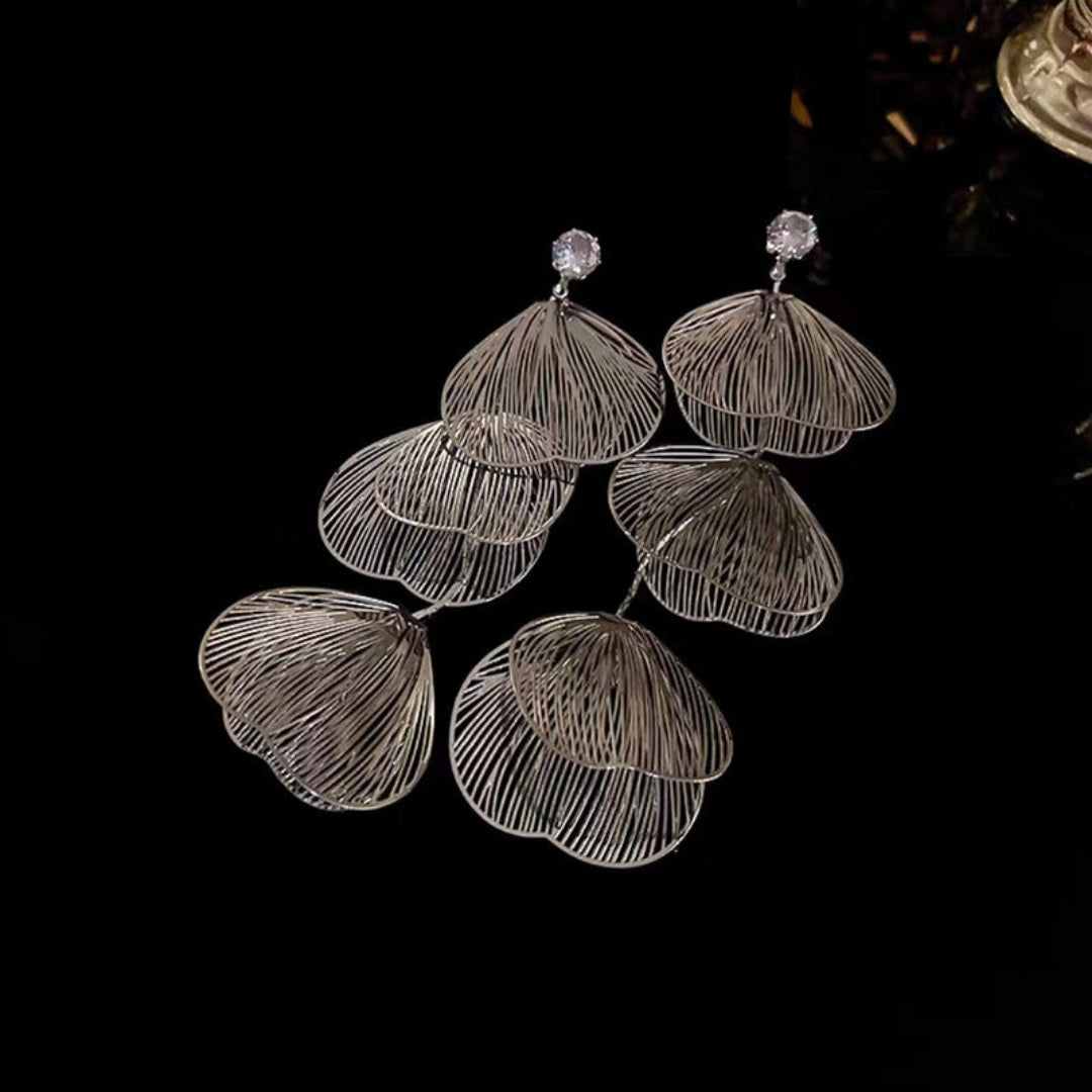 Silver Metal Leaf Long Stud Earrings