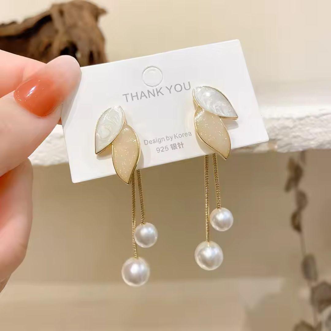 Leaf Motif Dangle Earrings with Pearls