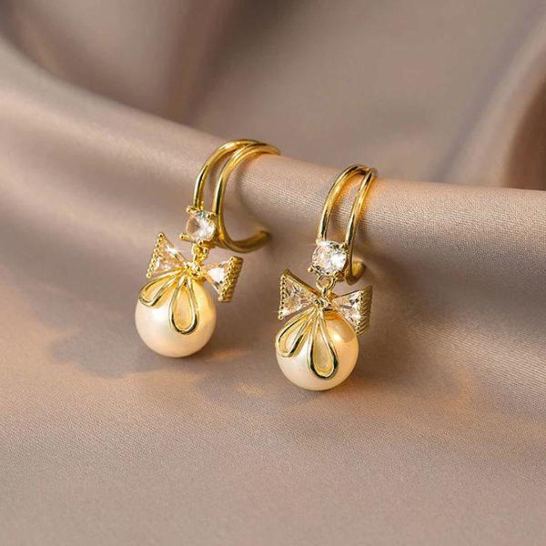 Gold Bow Pearl Drop Earrings