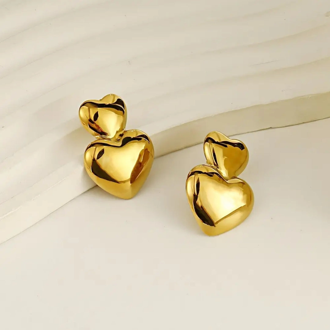 Anti Tarnish Golden Mini Double Heart Earring