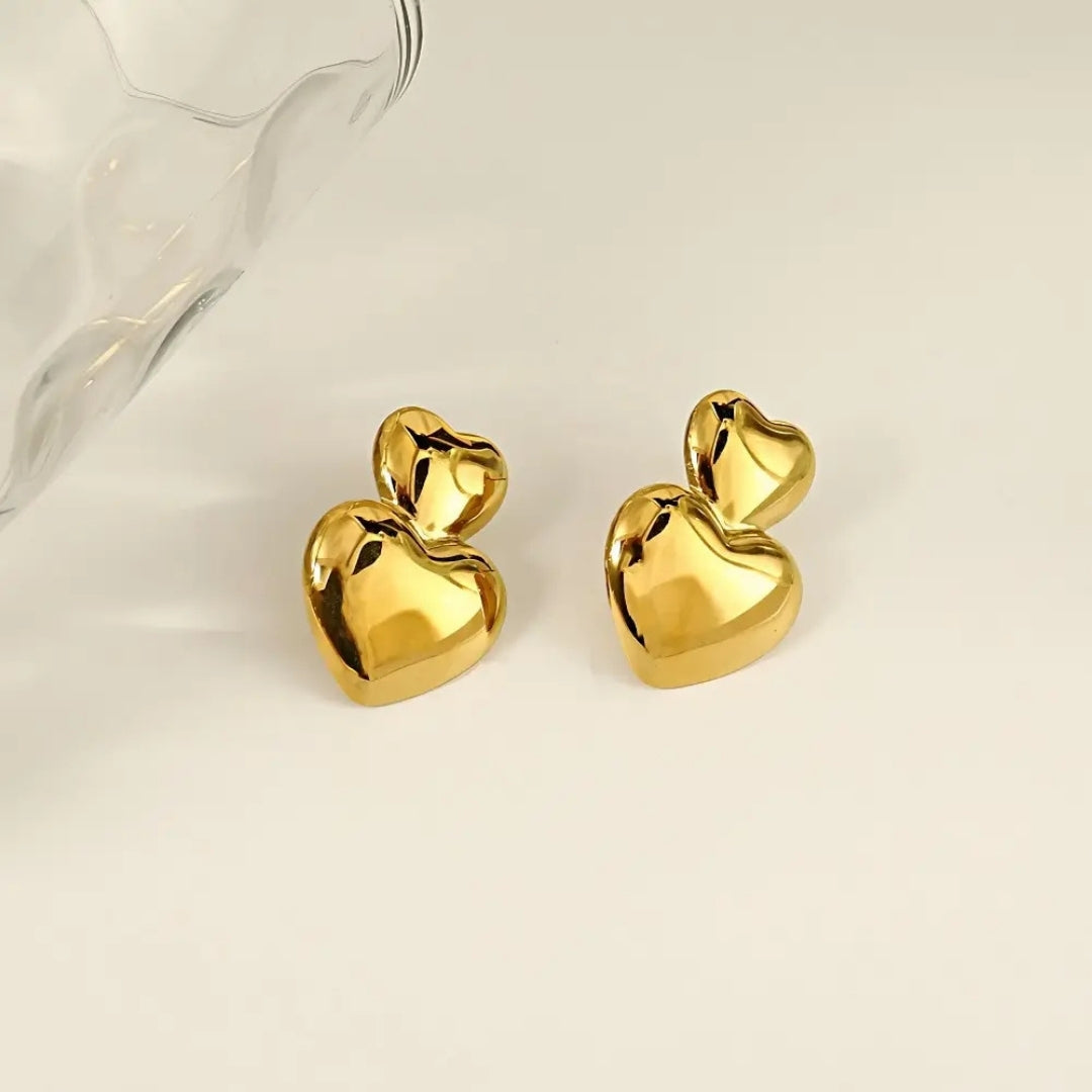 Anti Tarnish Golden Mini Double Heart Earring