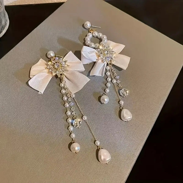 Bow And Pearls Tassels Earrings