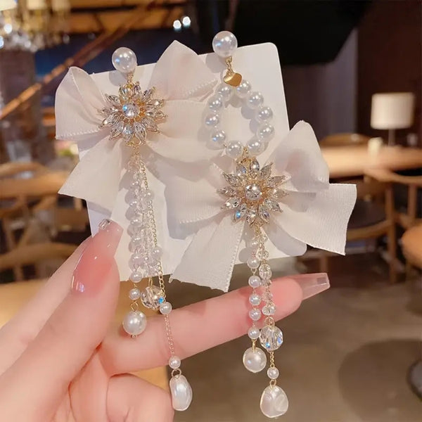 Bow And Pearls Tassels Earrings