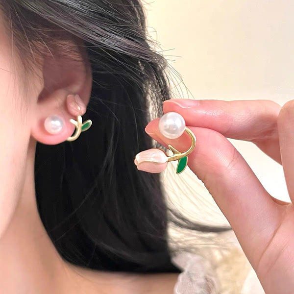 Pack Of 2 Round Pearl & Pink Rose Earrings