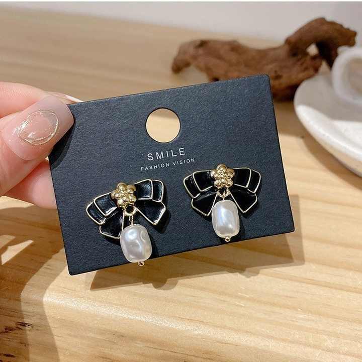 Black Enamel Bow Pearl Stud Earrings