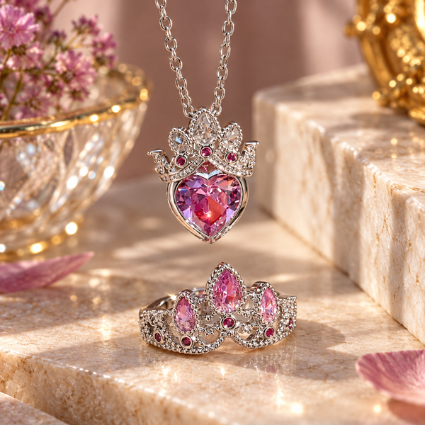 Love Pink Crown Necklace, Ring Set
