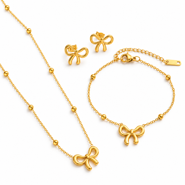 Gold Bow Necklace Bracelet Earrings Set