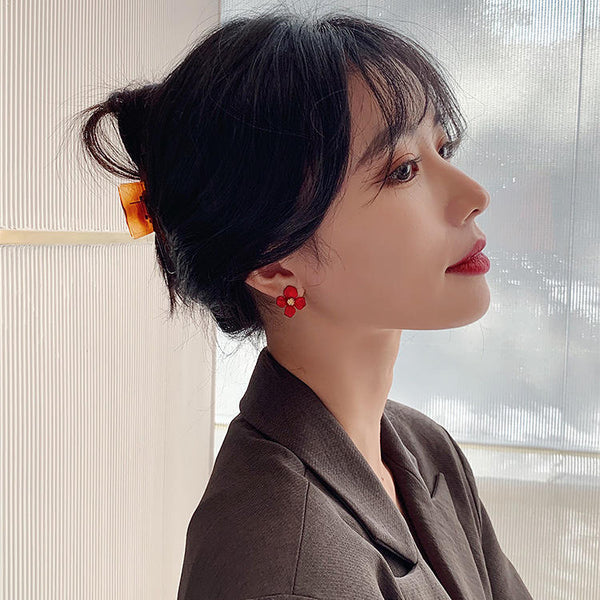 Unique Red Flower Stud Earring