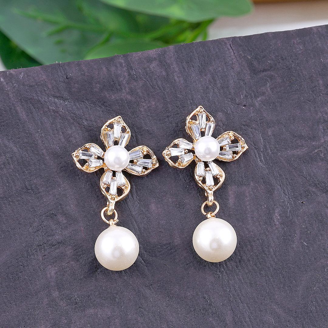 Crystal Flower Pearl Drop Earrings