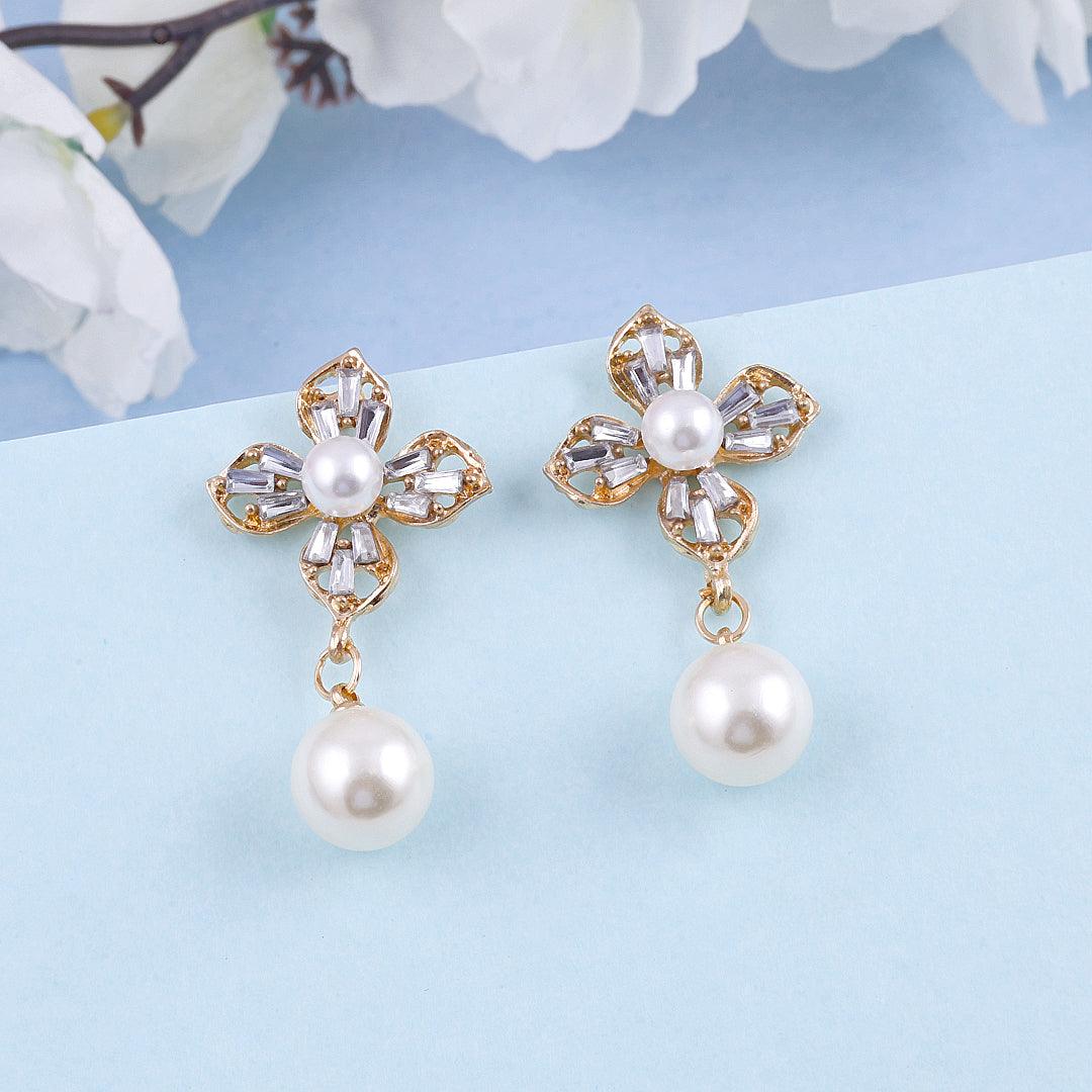 Crystal Flower Pearl Drop Earrings