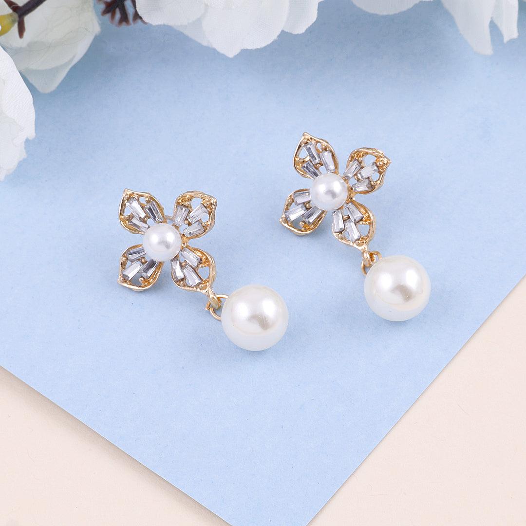 Crystal Flower Pearl Drop Earrings