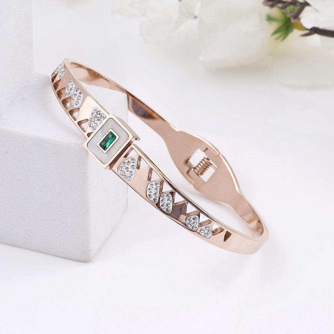 Rose Gold Plated Geometric Bracelet with Green Gemstone and Crystals".