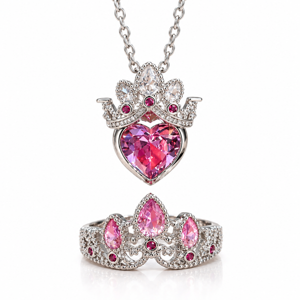 Love Pink Crown Necklace, Ring Set