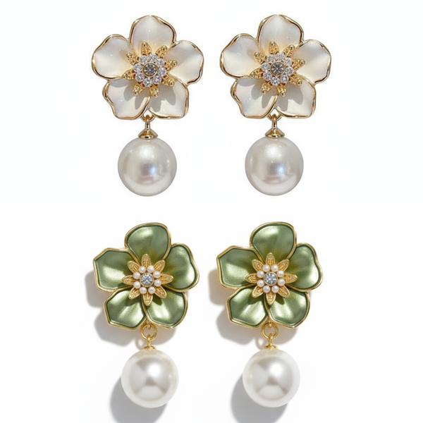 Pack Of 2 White -Green Flower Earring