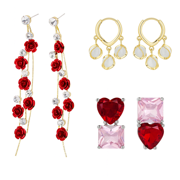 Pack Of 3 Red Rose Earrings
