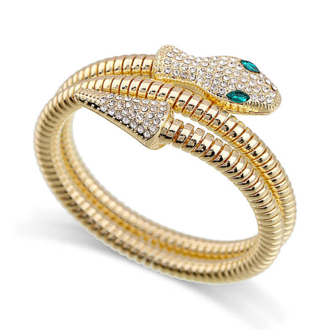 Gold Plated Green Eye Crystal Snake Bracelet