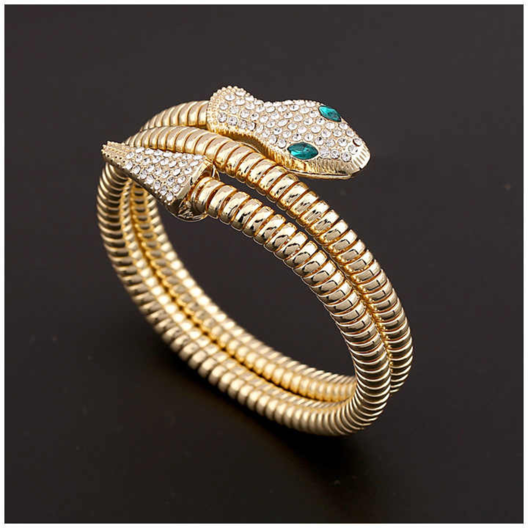 Gold Plated Green Eye Crystal Snake Bracelet