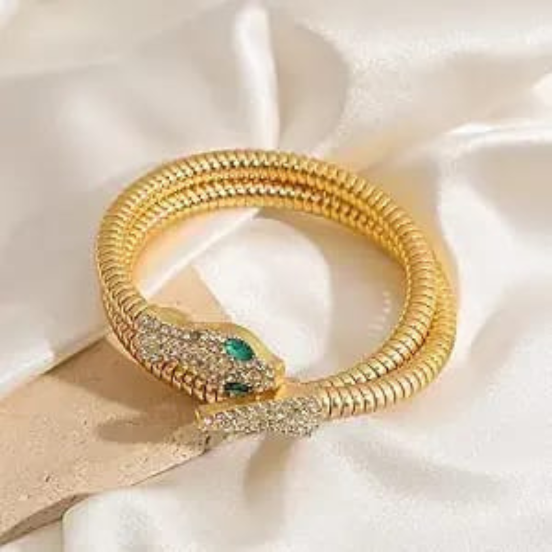 Gold Plated Green Eye Crystal Snake Bracelet