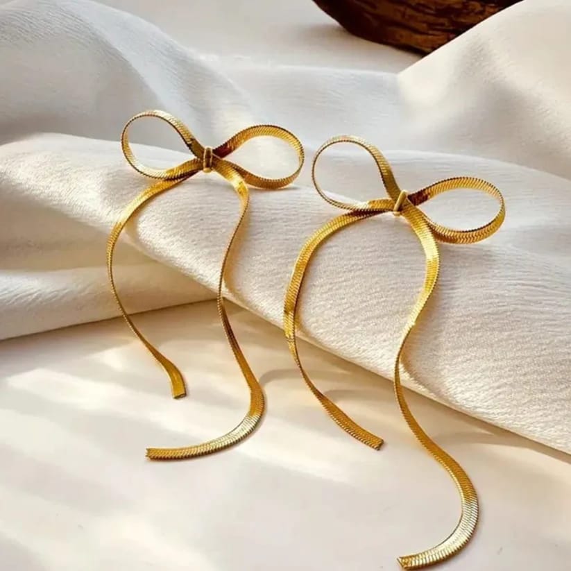 Gold Plated Bow Chain Type Long Earring