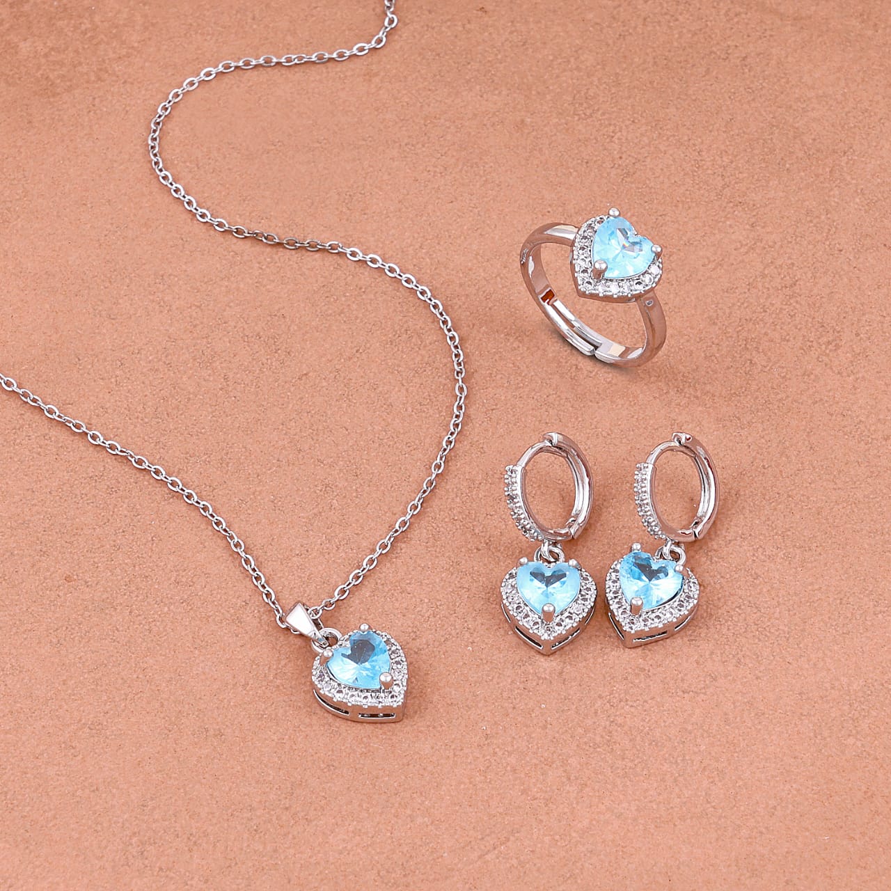 Crystal Heart Necklace,Earrings,Ring Three Piece Set