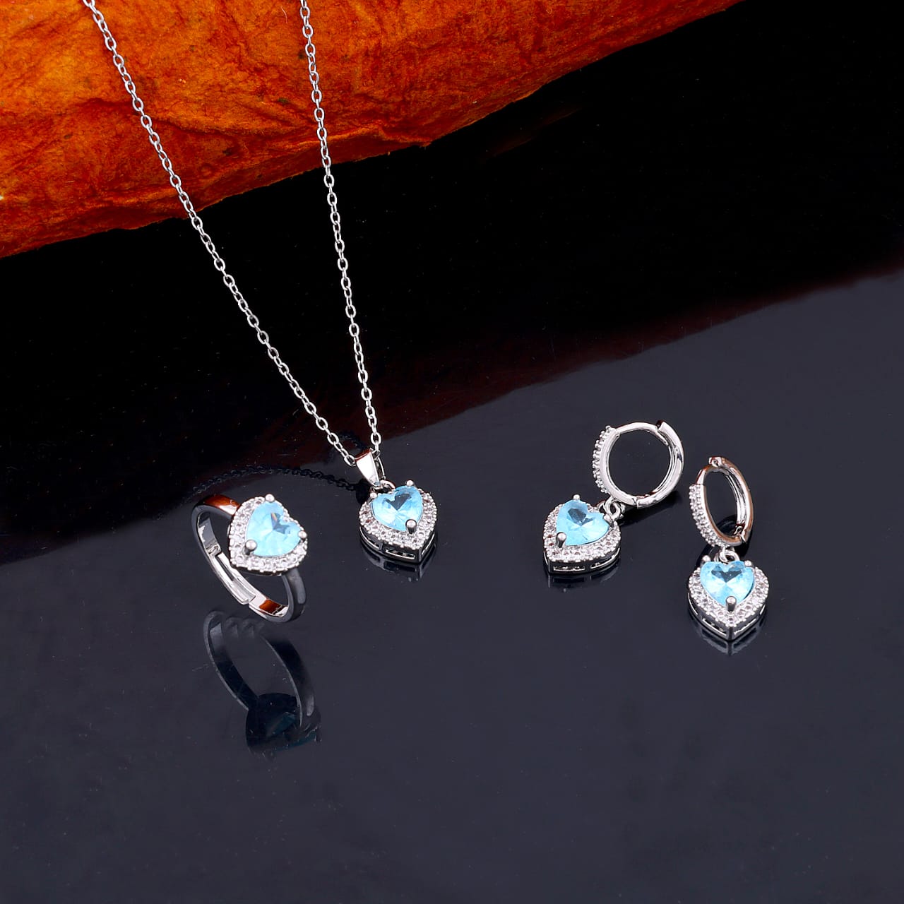 Crystal Heart Necklace,Earrings,Ring Three Piece Set