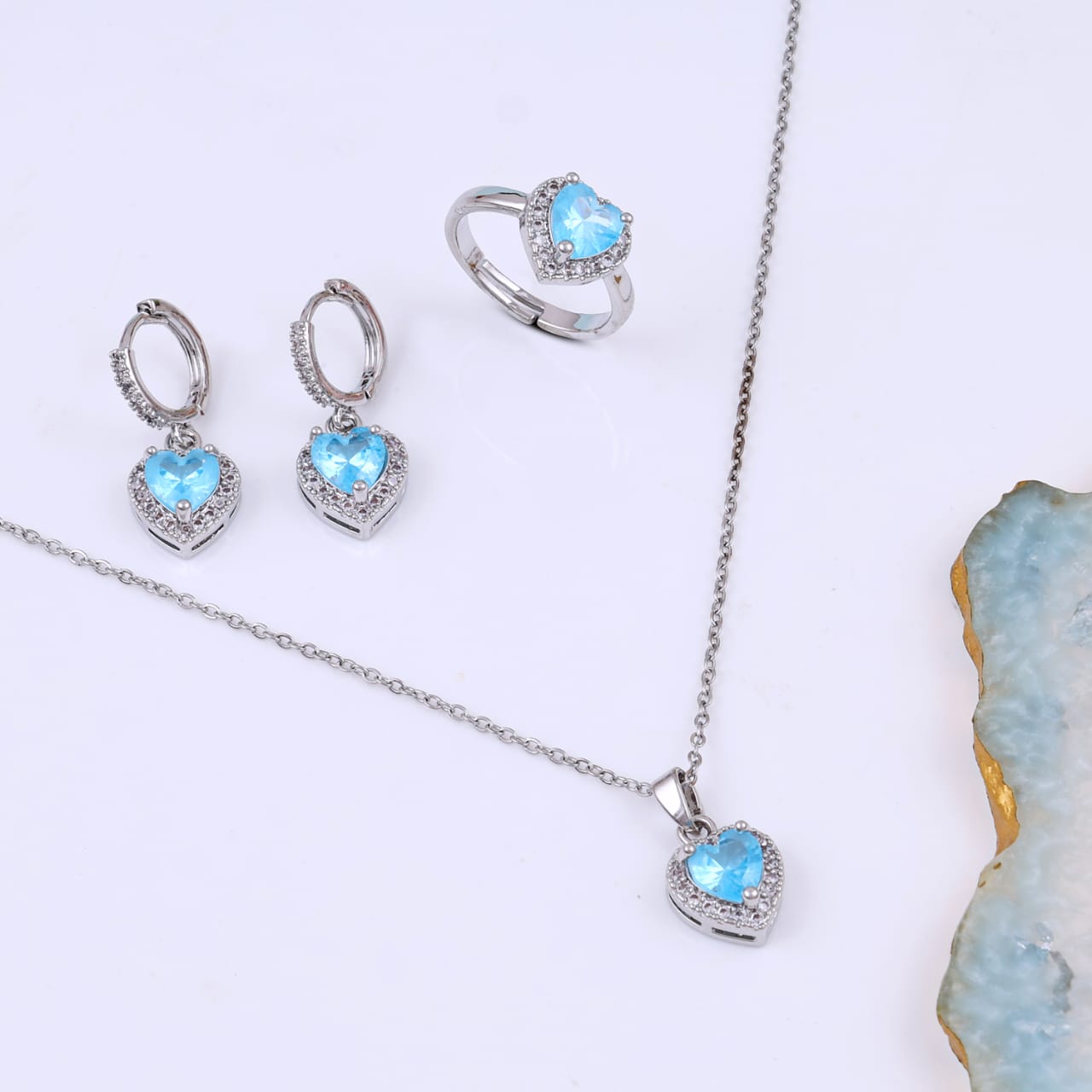 Crystal Heart Necklace,Earrings,Ring Three Piece Set