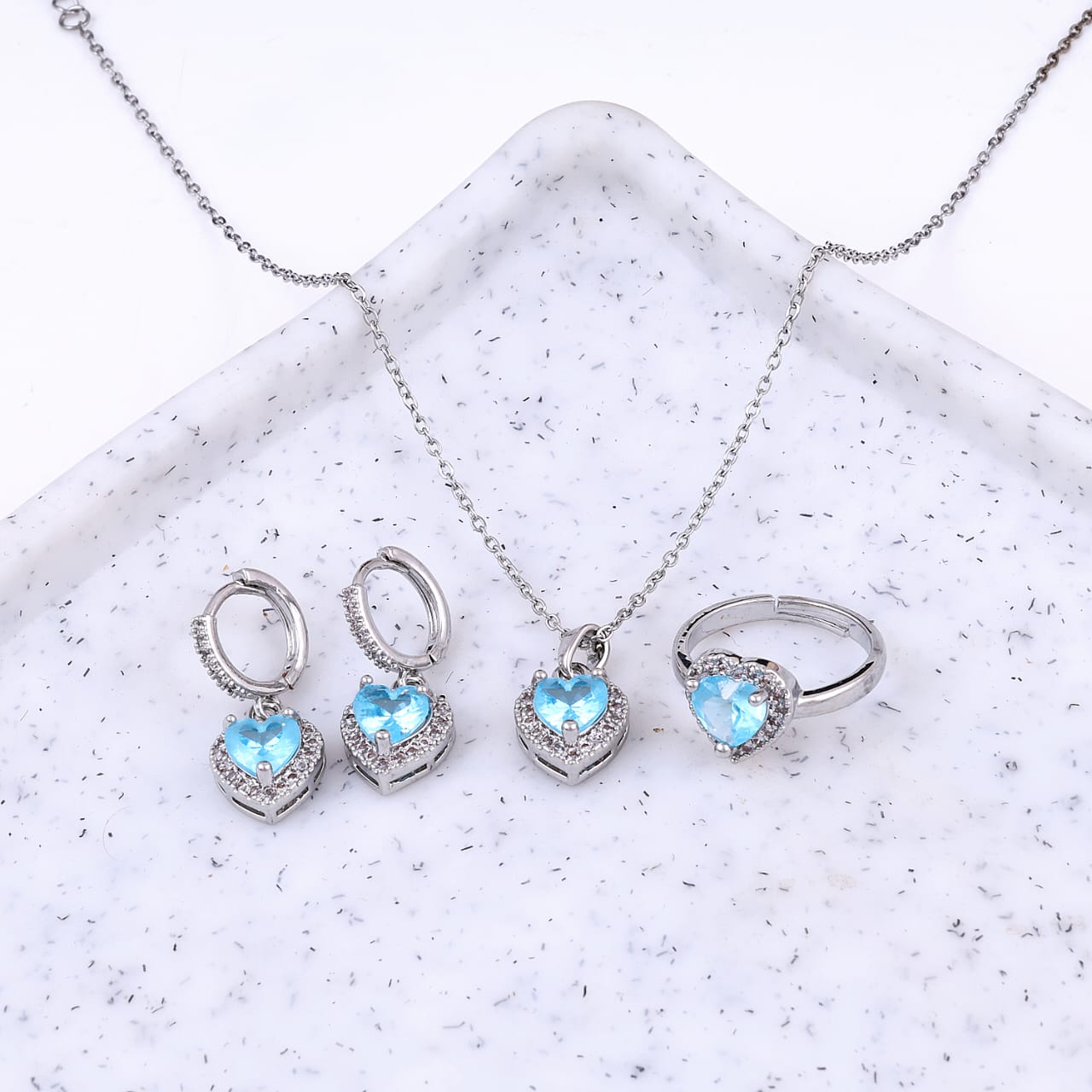 Crystal Heart Necklace,Earrings,Ring Three Piece Set