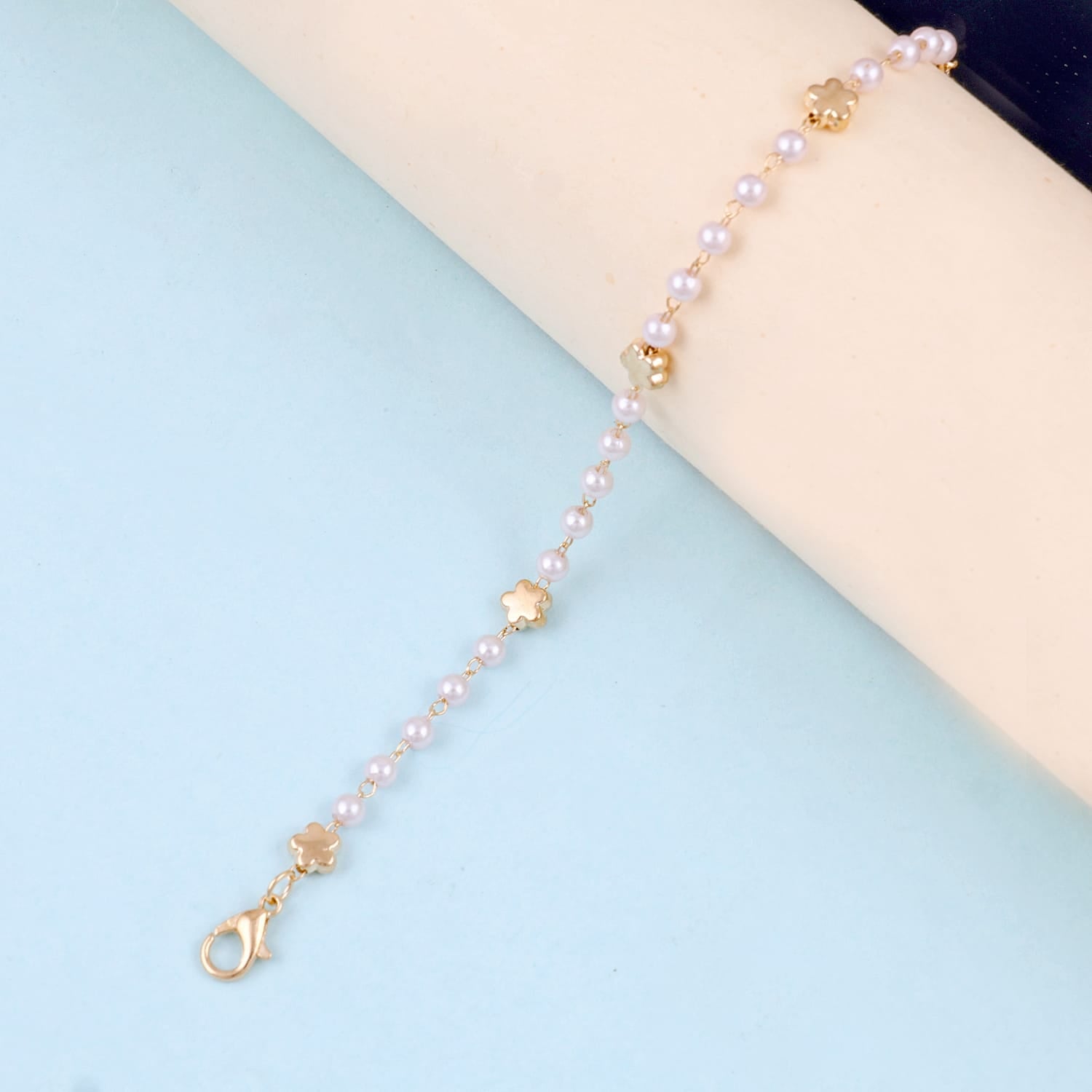 Gold Plated Tiny Pearl Flower Chain Bracelet