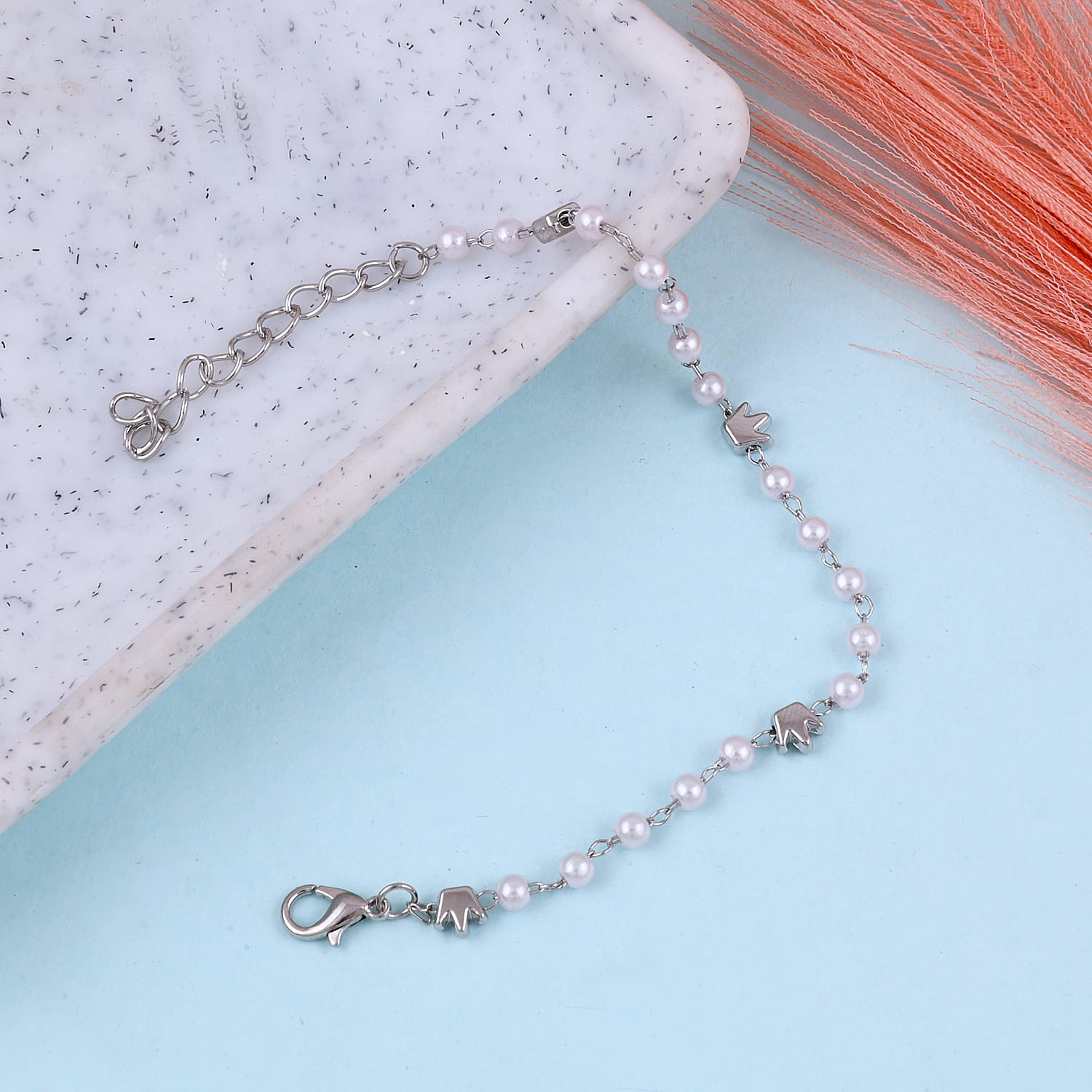 Silver Plated Tiny Crown Pearl Bracelet