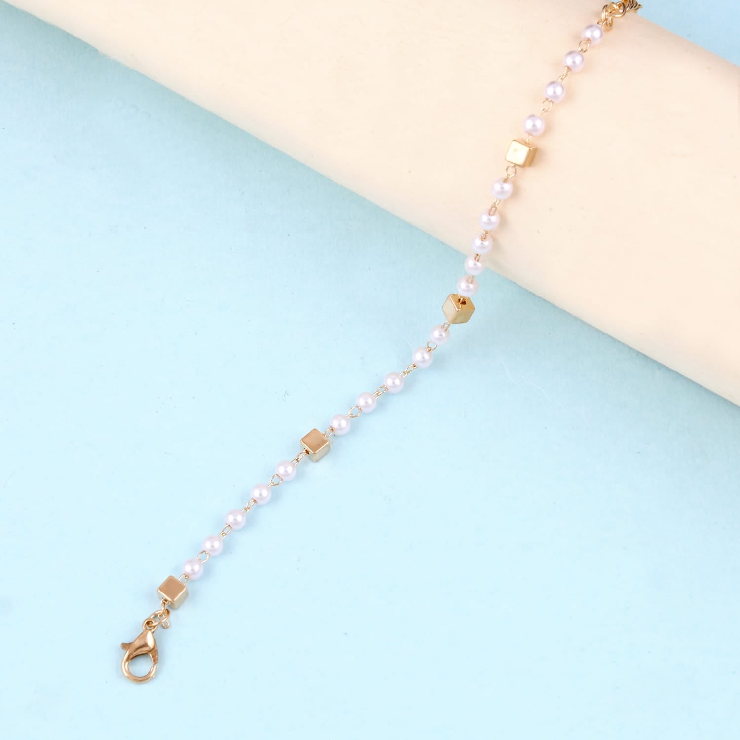 Gold Plated Tiny Cube Pearl Chain Bracelet