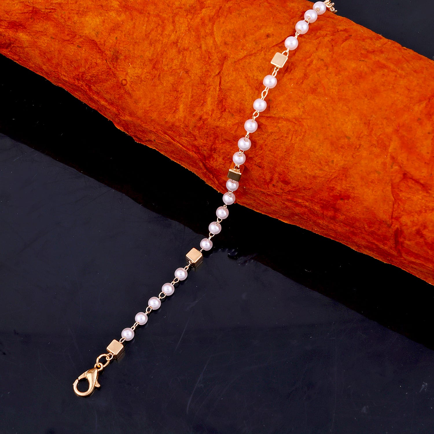 Gold Plated Tiny Cube Pearl Chain Bracelet