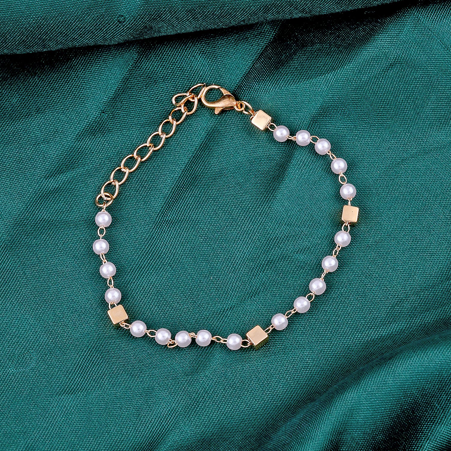 Gold Plated Tiny Cube Pearl Chain Bracelet