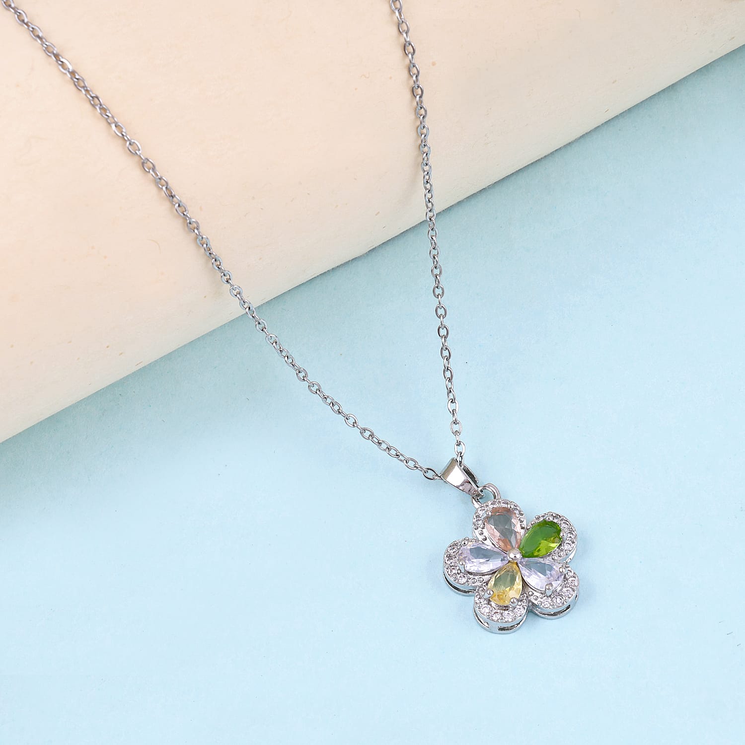 Silver Plated Colorful Crystal Flower Necklace