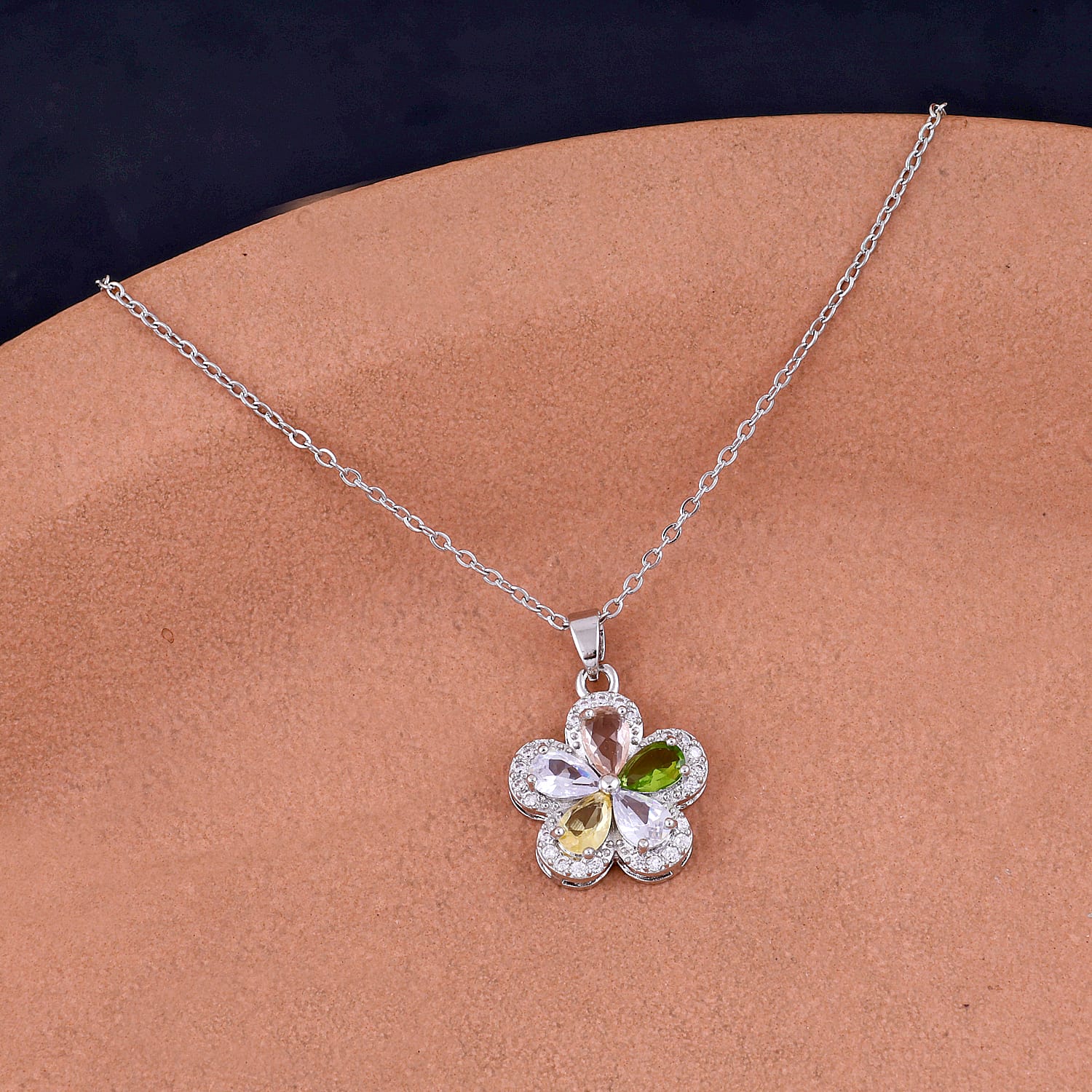 Silver Plated Colorful Crystal Flower Necklace