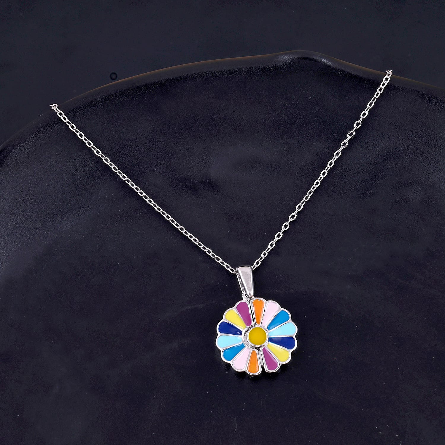 Silver Plated Rainbow Sunflower Pendant Necklace