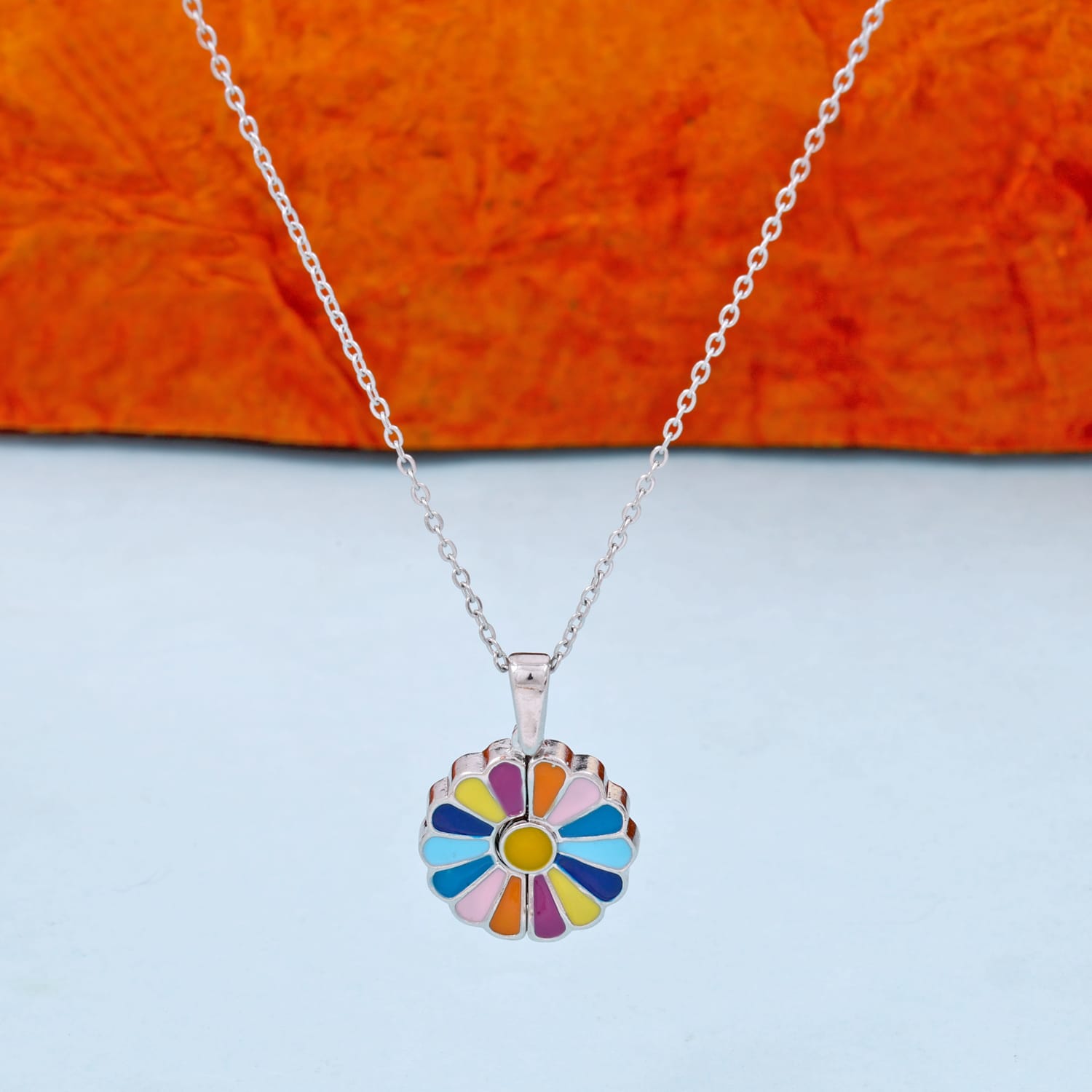 Silver Plated Rainbow Sunflower Pendant Necklace