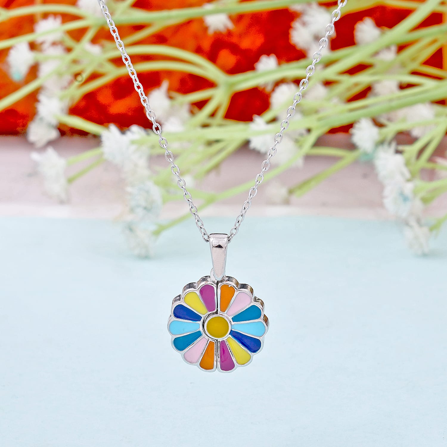 Silver Plated Rainbow Sunflower Pendant Necklace